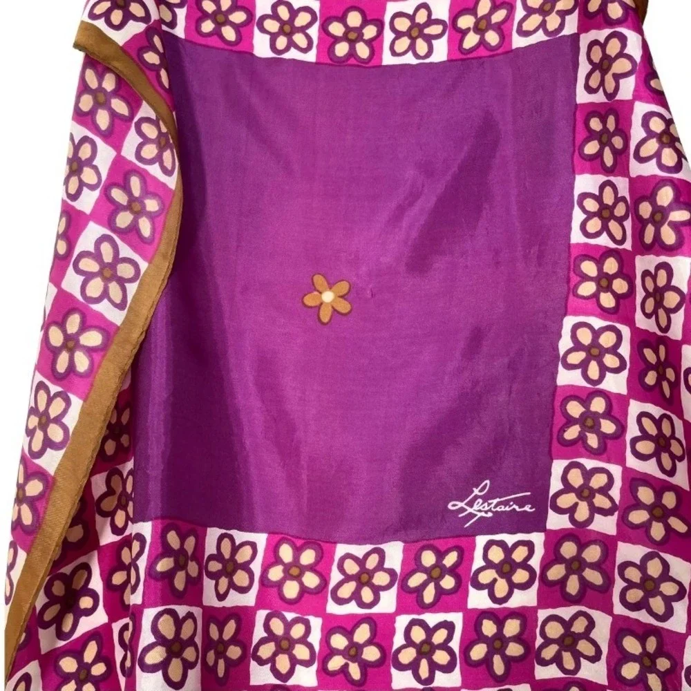 Lestaire Vintage Purple Floral Silk Scarf Square Hand Rolled Retro Daisy Print